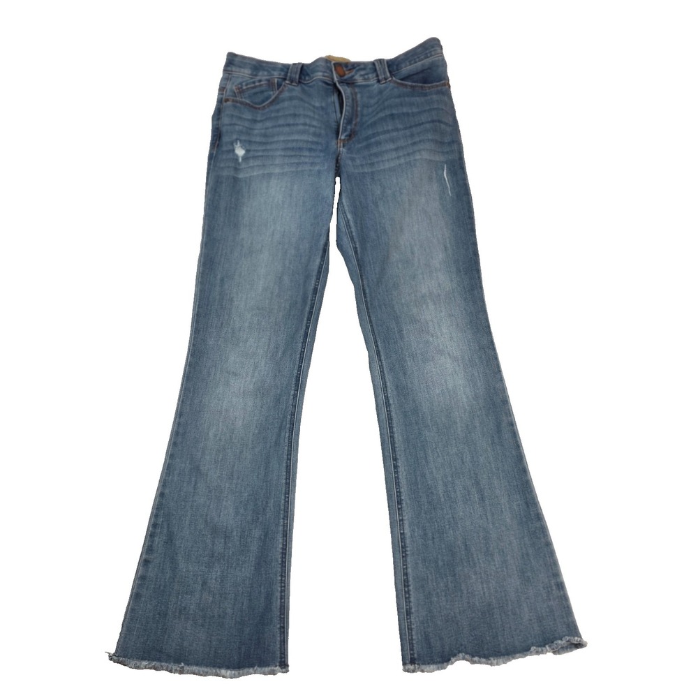 Democracy Women's Jeans Size 12 Blue Distressed Ab Technology Boot Cut Raw Hem